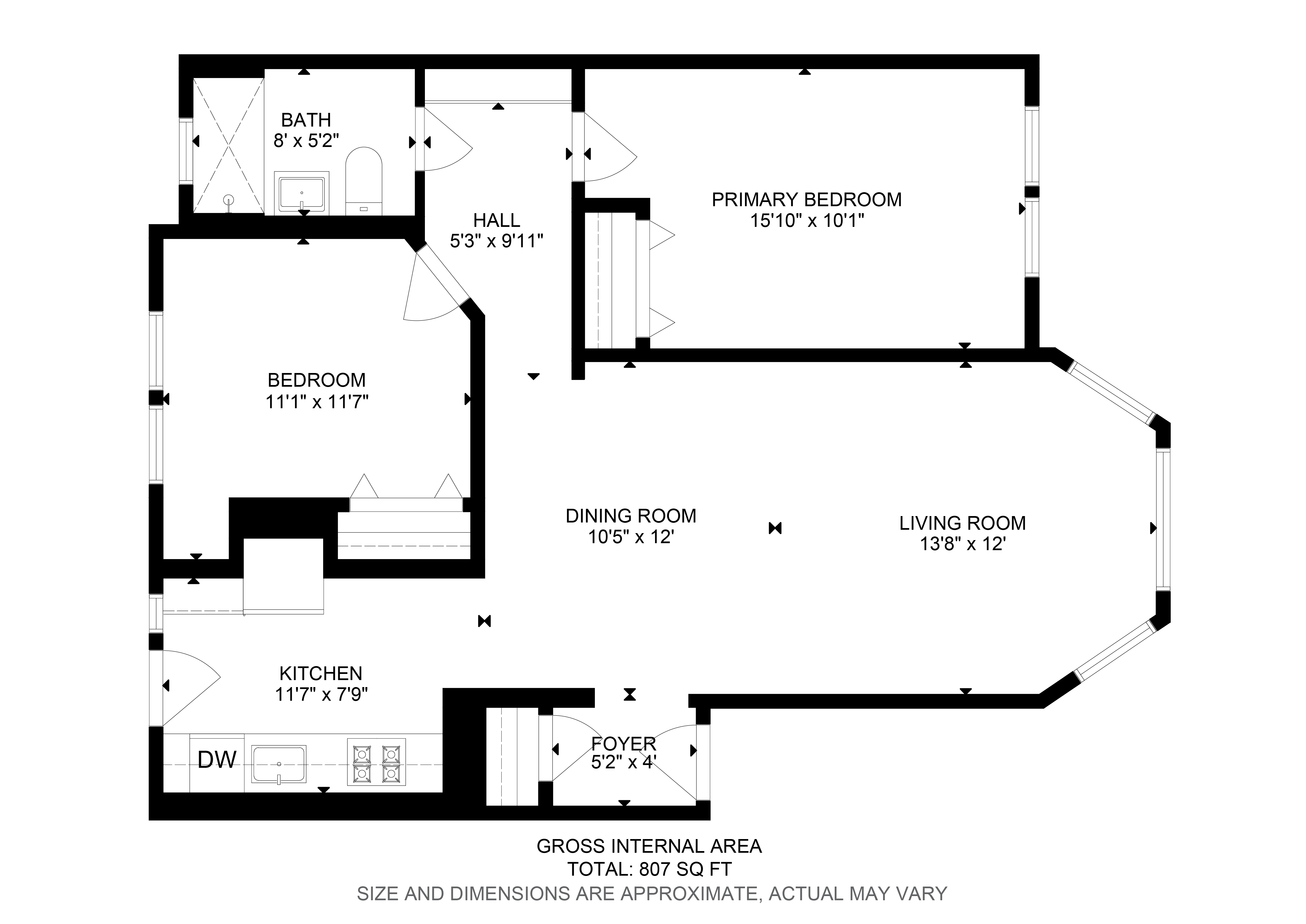 Floor plan for 2 beds, 1 bath, 807 sqft
